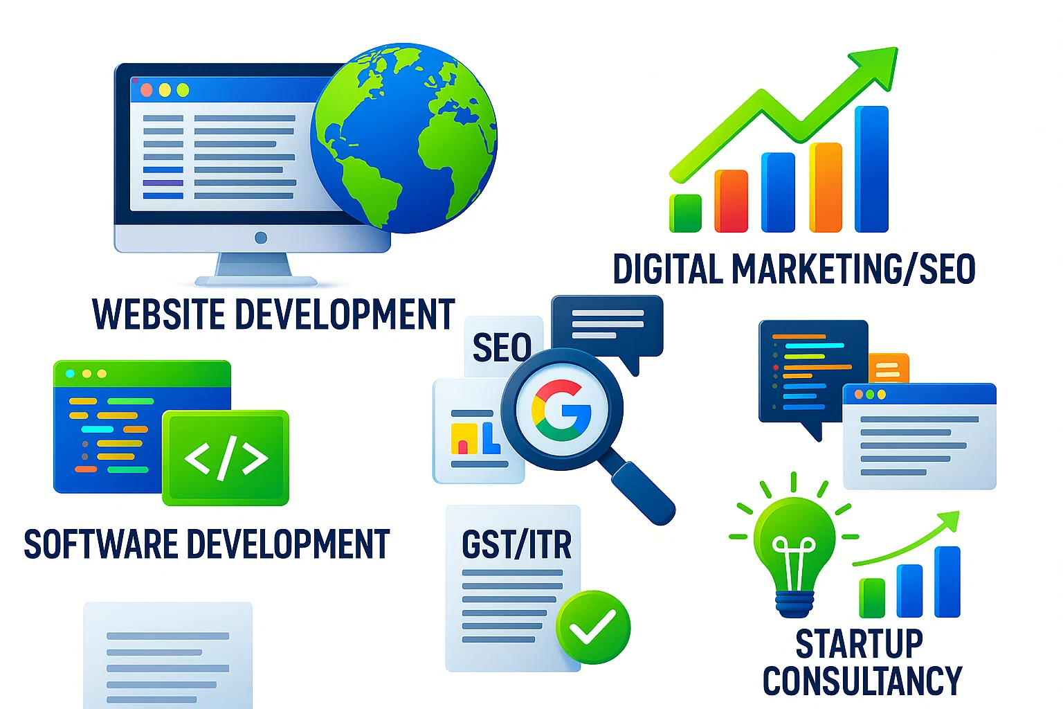 Ftech Global Solutions overview of services including web development, digital marketing, and software solutions